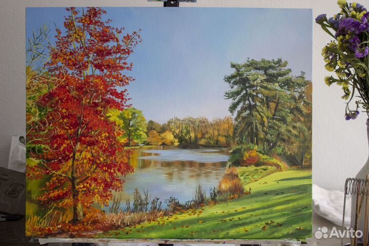 Картина Осенний лесной пейзаж с озером