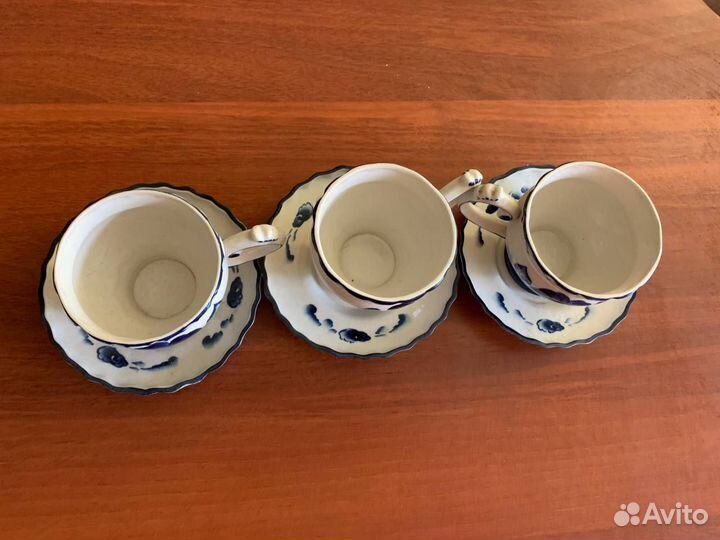Чайные чашки с блюдцами Гжель. Ручная работа