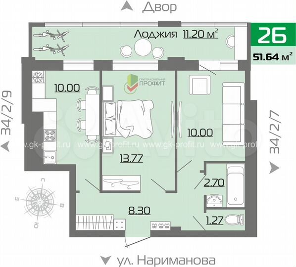 2-к. квартира, 51,6 м², 14/19 эт.
