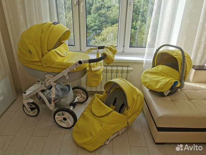 Коляска Adamex monte carbon 3 в 1 экокожа желтая