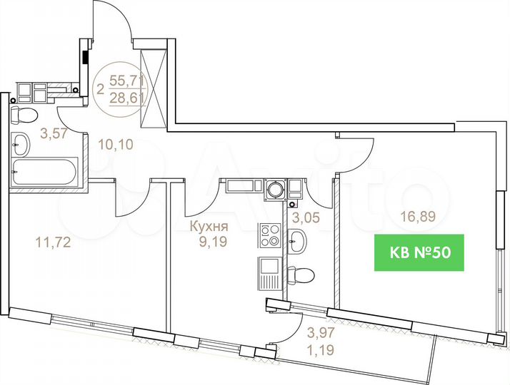 2-к. квартира, 59,2 м², 2/7 эт.