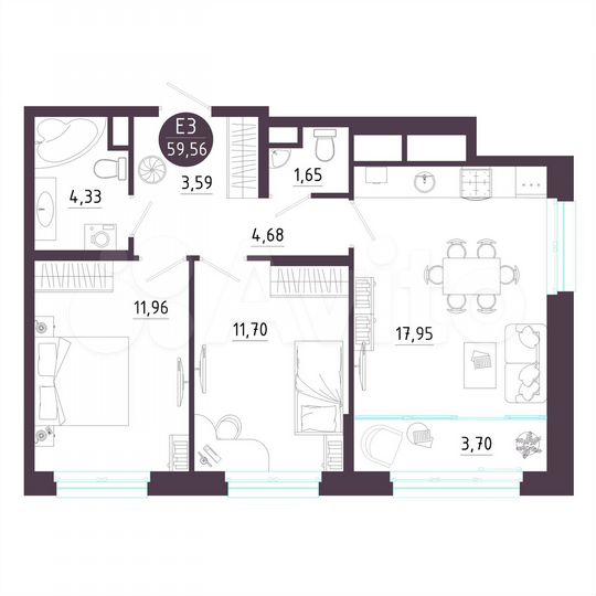 3-к. квартира, 60 м², 7/10 эт.