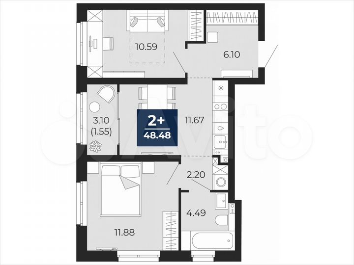 2-к. квартира, 48,5 м², 11/21 эт.