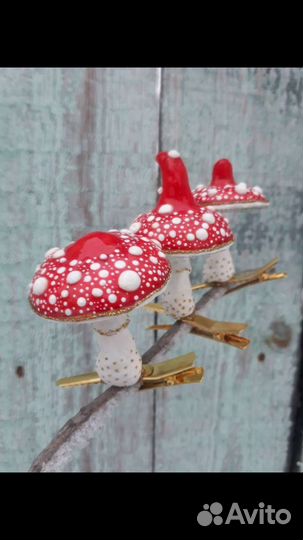 Елочная игрушка мухомор на прищепке