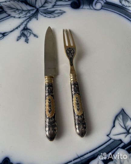Старинное серебро нож вилка чернение