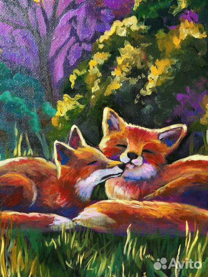 Картина маслом на холсте лиса собака хаски парочка