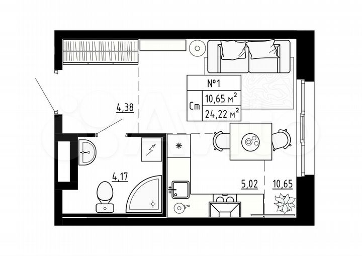 Квартира-студия, 24,2 м², 1/4 эт.