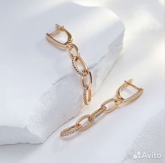 Золотые серьги длинные цепочки позолота 585 RG