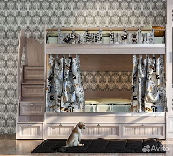 Детская мебель(Кровать двухъярусная +шкаф+стеллаж)