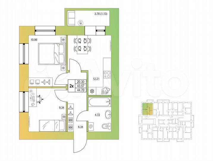 2-к. квартира, 44,7 м², 15/16 эт.