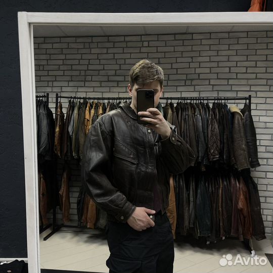 Винтажный кожаный бомбер из толстой кожи
