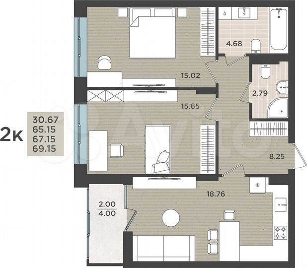 2-к. квартира, 67,2 м², 6/9 эт.