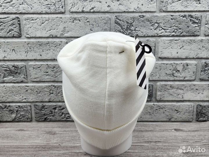 Шапка вязаная Off White белая с чёрным логотипом