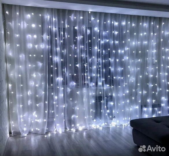 Гирлянда шторы / шторка белые, желтые, синие, цвет