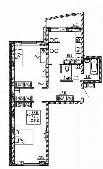 2-к. квартира, 69,5 м², 2/16 эт.