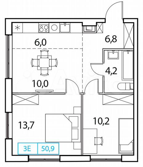 3-к. квартира, 50,9 м², 13/15 эт.