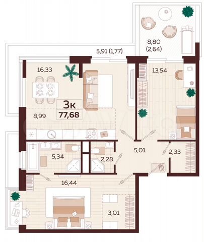 3-к. квартира, 76 м², 2/9 эт.