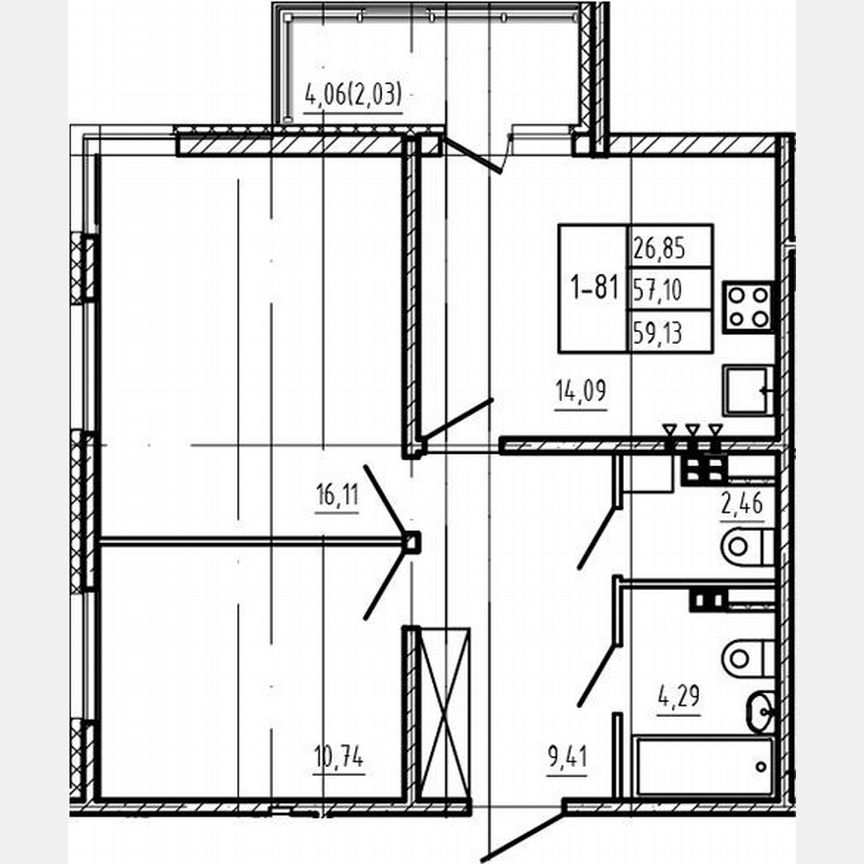 2-к. квартира, 57,1 м², 3/4 эт.