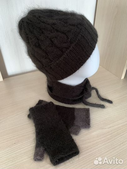 Комплект шапка с косами+шарфик+митенки пух норки