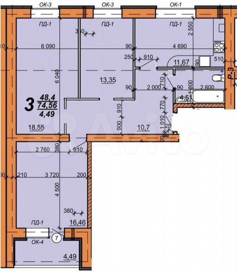 3-к. квартира, 76,8 м², 5/5 эт.