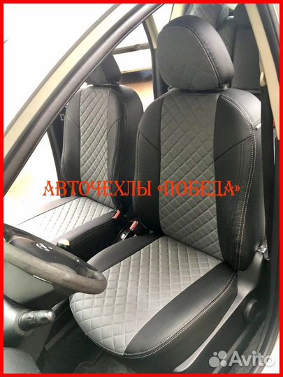 Чехлы Nissan Note из экокожи чёрно-серые Ромб