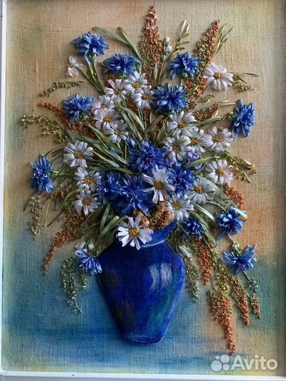 Букет Ромашек с васильками. Вышивка лентами