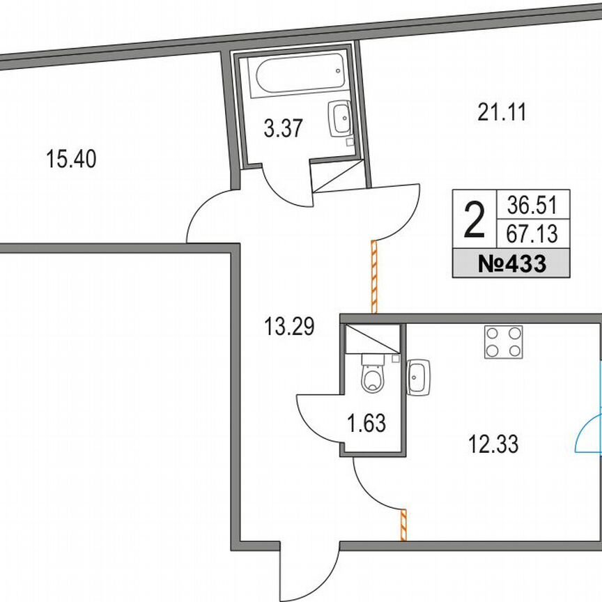 2-к. квартира, 67,1 м², 13/21 эт.