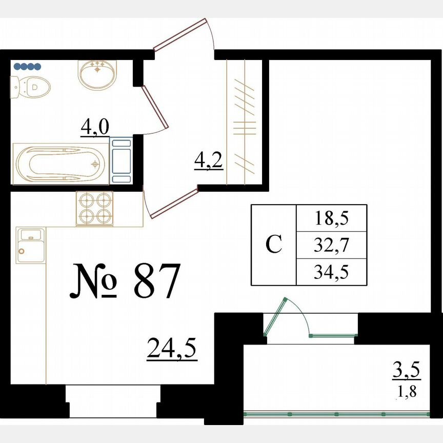 Квартира-студия, 34,5 м², 3/8 эт.
