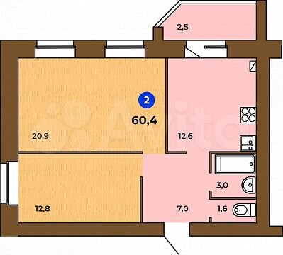 2-к. квартира, 60,4 м², 1/9 эт.