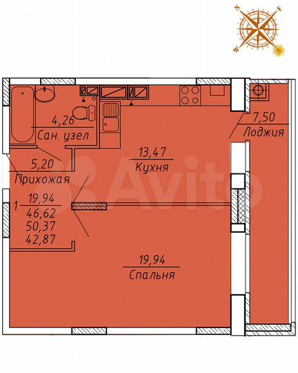 1-к. квартира, 51 м², 9/10 эт.