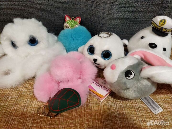 Брелок пушистый заяц, осьминог, лиса, тюлень