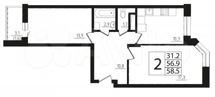 2-к. квартира, 60,4 м², 12/17 эт.