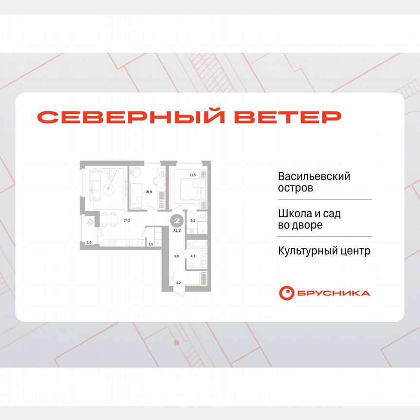 2-к. квартира, 71,1 м², 5/15 эт.