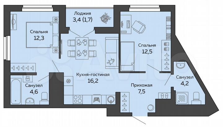2-к. квартира, 59 м², 15/25 эт.