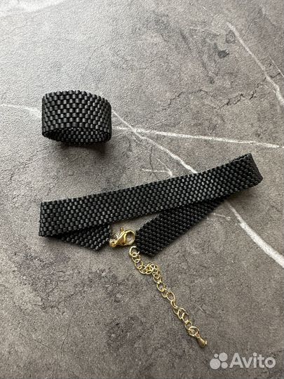 Кольцо и браслет из черного матового бисера