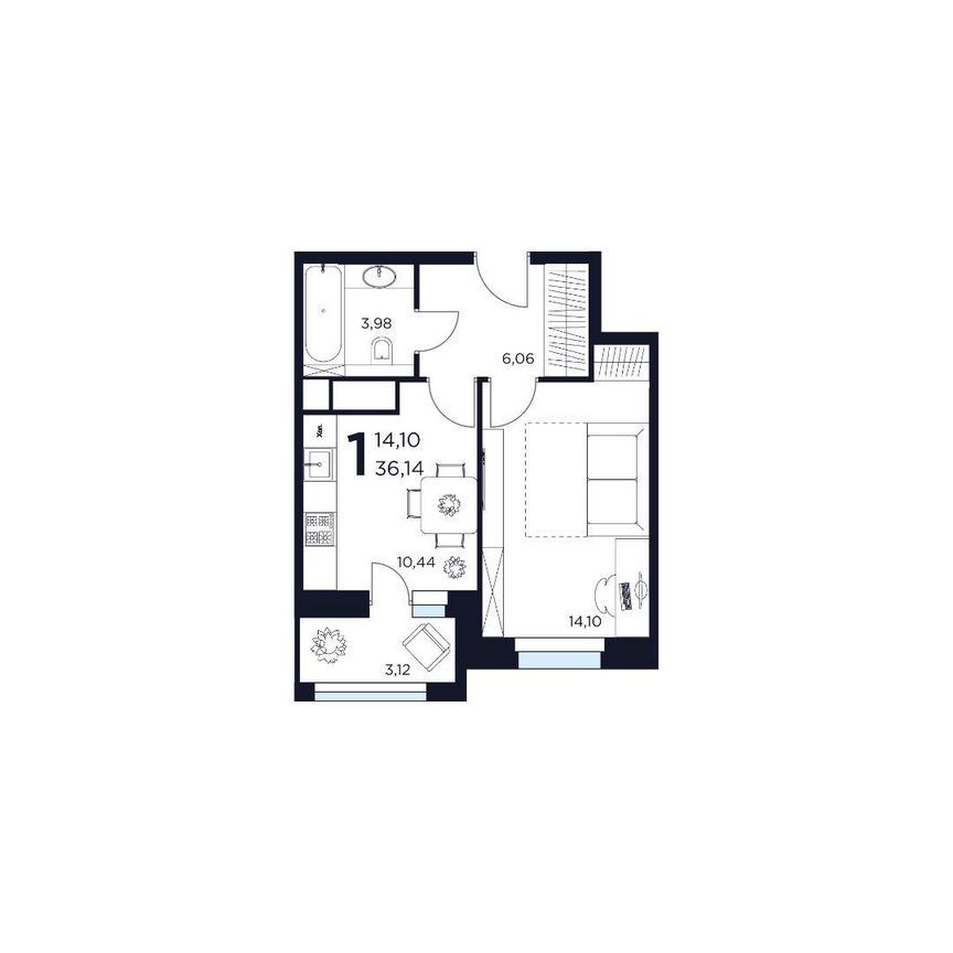 1-к. квартира, 36,1 м², 12/15 эт.