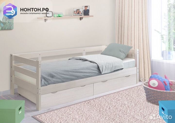 Кровать детская Норка с ящиками выбеленная береза