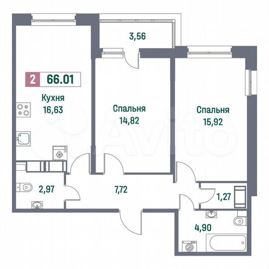 2-к. квартира, 66 м², 15/16 эт.