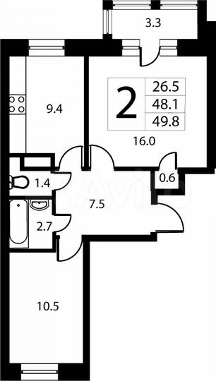 2-к. квартира, 48,8 м², 2/9 эт.
