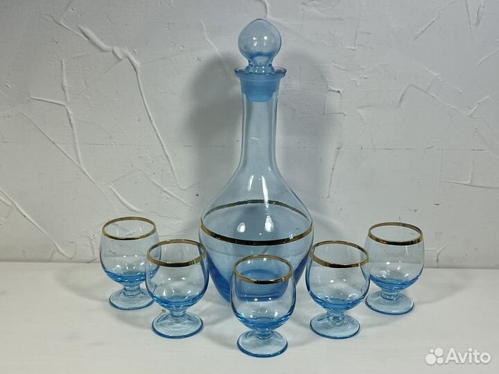 Графин и рюмки ликерные, голубое стекло, СССР