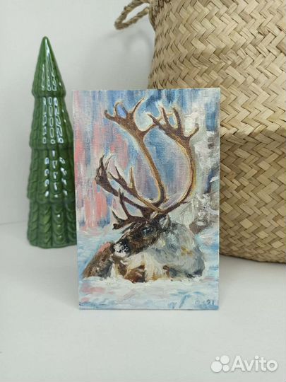 Картина маслом северный олень, миниатюрная картина