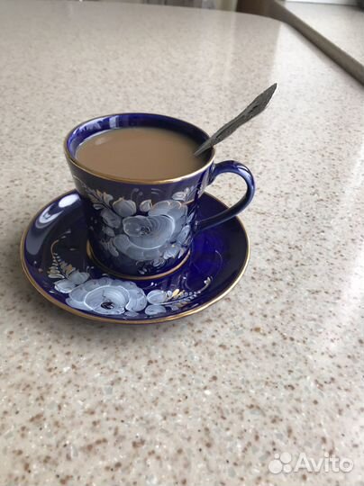 Чашка с блюдцем кобальт Гжель форма Наташа
