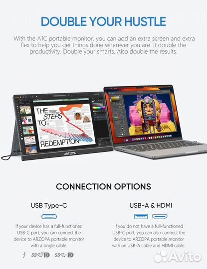 Портативный монитор arzopa 16.1 дюйма, 100 sRGB