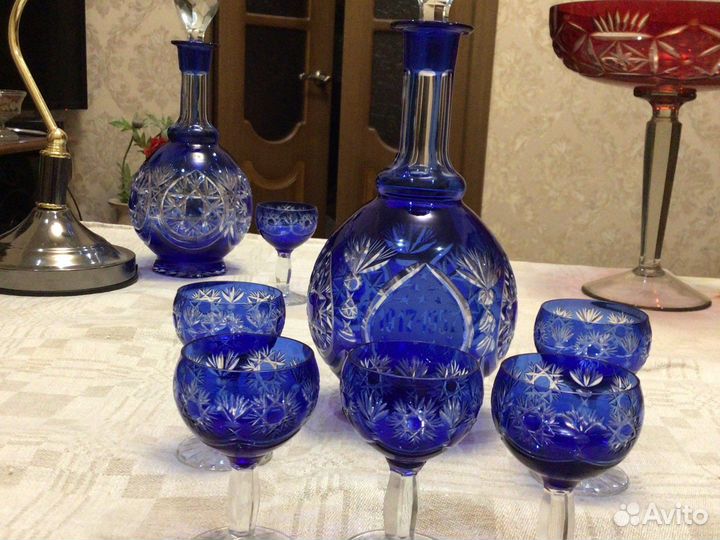 Хрустальный агитационный графин с рюмками кобальт