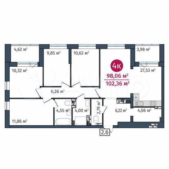 4-к. квартира, 98,1 м², 18/25 эт.