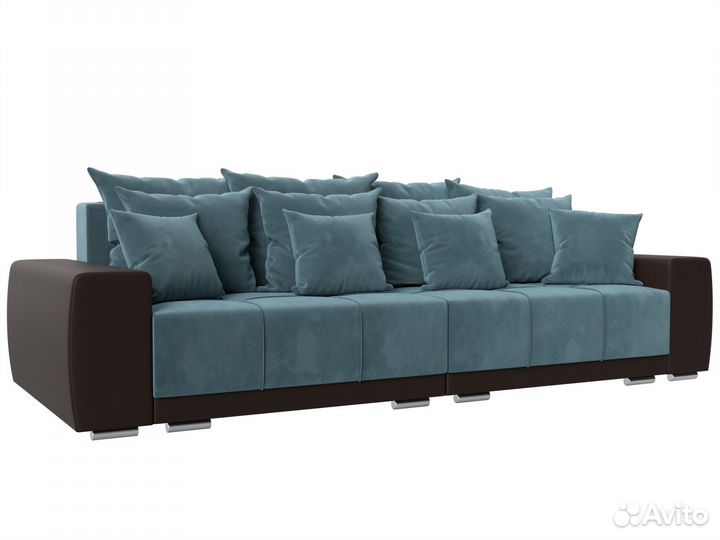 Диван прямой Лига-028, велюр, бирюзовый, коричневый