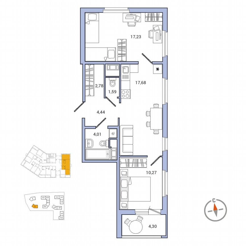 2-к. квартира, 60,2 м², 1/7 эт.