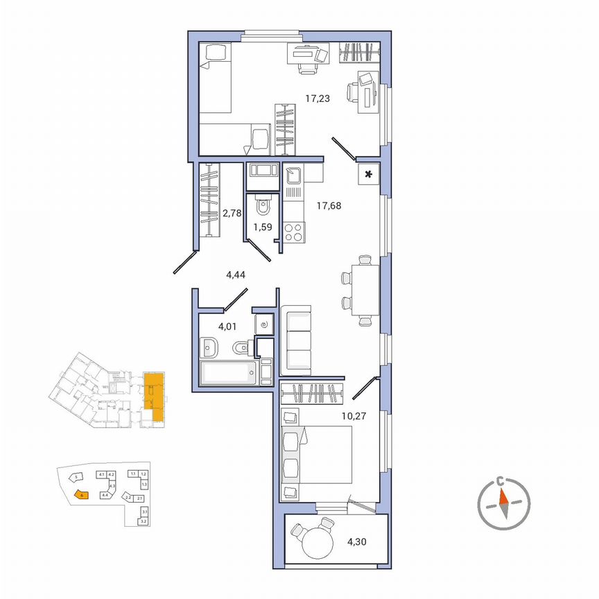 2-к. квартира, 60,2 м², 1/7 эт.