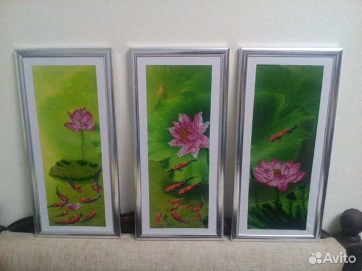 Лотос. Картина. Вышивка бисером. Триптих
