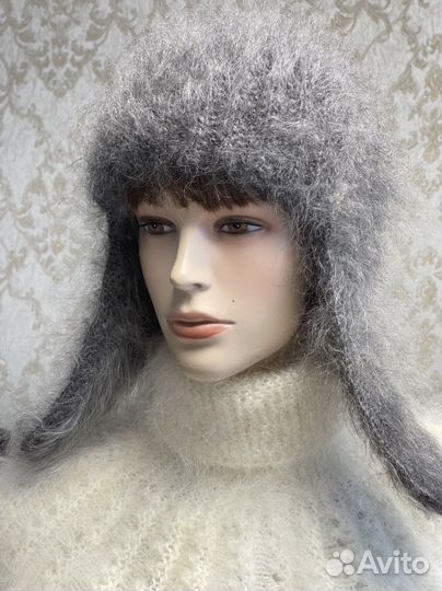 Шапка ушанка пкховая вязаная из козьего пуха